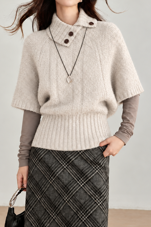 Vintage Button Detail Turtleneck Cable Knit Short Sleeve Sweater - liwisi