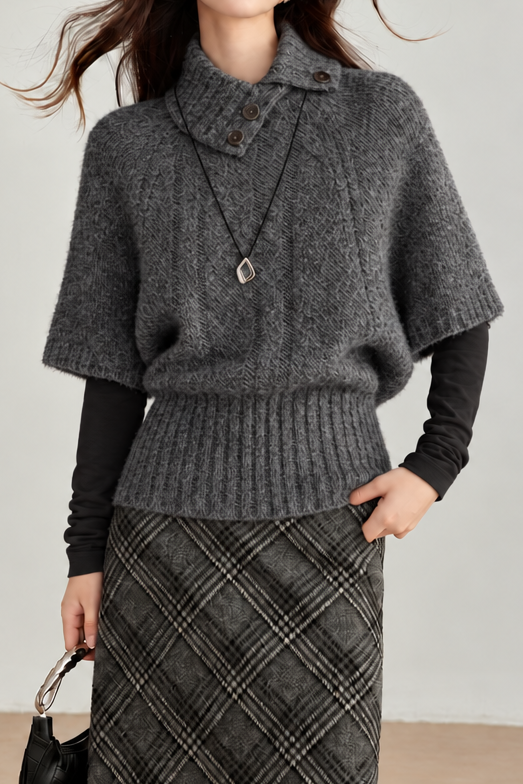 Vintage Button Detail Turtleneck Cable Knit Short Sleeve Sweater - liwisi