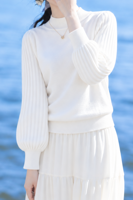 Versatile Mock Neck Balloon Sleeve Knit Sweater - liwisi