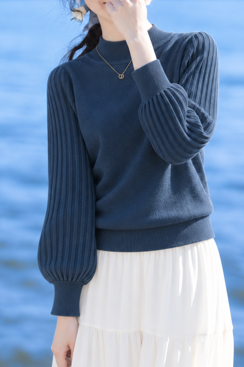 Versatile Mock Neck Balloon Sleeve Knit Sweater - liwisi