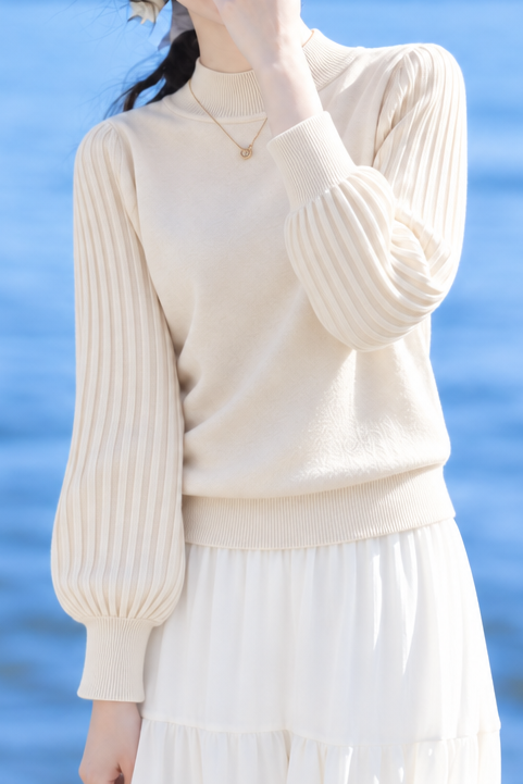Versatile Mock Neck Balloon Sleeve Knit Sweater - liwisi
