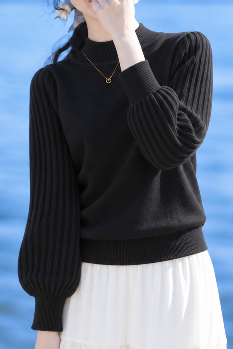 Versatile Mock Neck Balloon Sleeve Knit Sweater - liwisi