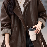 Casual Mid-Length Faux Leather Jacket with Braided Tie Cuffs
