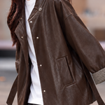 Casual Mid-Length Faux Leather Jacket with Braided Tie Cuffs - liwisi
