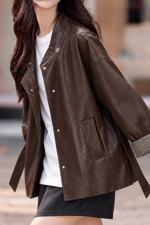 Casual Mid-Length Faux Leather Jacket with Braided Tie Cuffs - liwisi