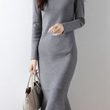 Elegant Mock Neck Long Sleeve Mermaid Hem Knit Dress