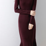 Elegant Mock Neck Long Sleeve Mermaid Hem Knit Dress