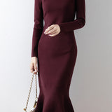 Elegant Mock Neck Long Sleeve Mermaid Hem Knit Dress