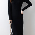 Elegant Mock Neck Long Sleeve Mermaid Hem Knit Dress - liwisi