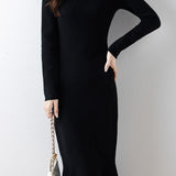 Elegant Mock Neck Long Sleeve Mermaid Hem Knit Dress - liwisi