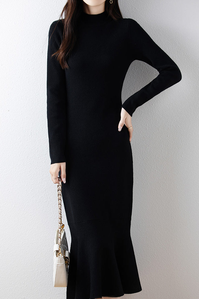 Elegant Mock Neck Long Sleeve Mermaid Hem Knit Dress - liwisi
