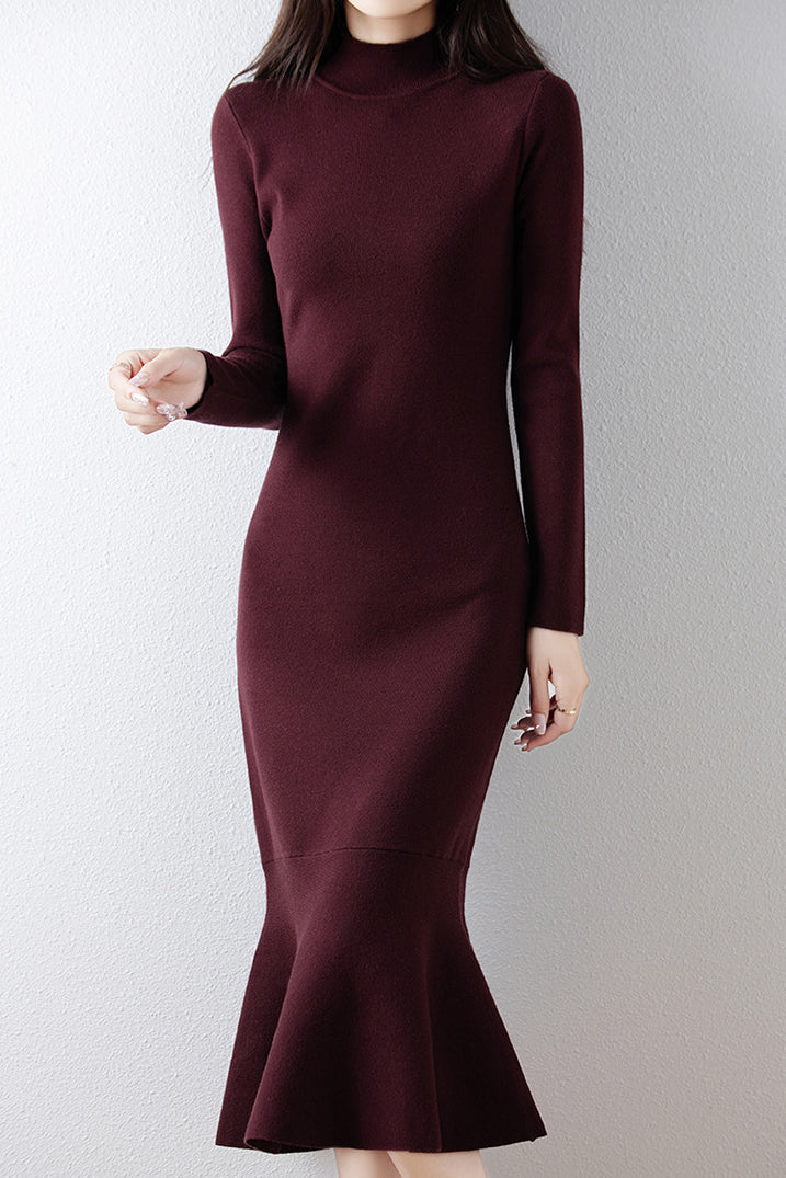 Elegant Mock Neck Long Sleeve Mermaid Hem Knit Dress - liwisi