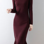 Elegant Mock Neck Long Sleeve Mermaid Hem Knit Dress - liwisi