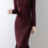 Elegant Mock Neck Long Sleeve Mermaid Hem Knit Dress - liwisi