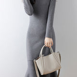 Elegant Mock Neck Long Sleeve Mermaid Hem Knit Dress - liwisi