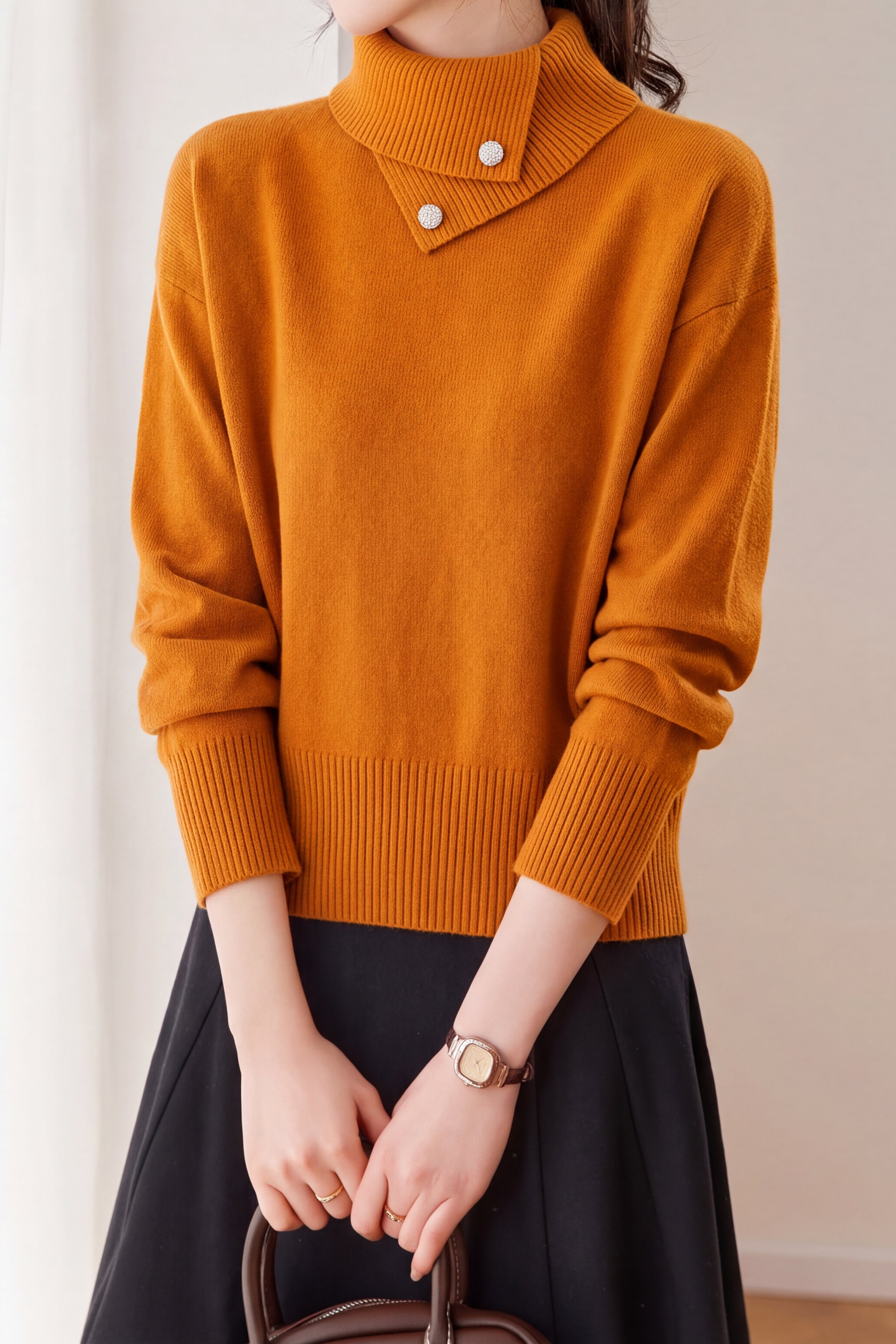 Casual Asymmetrical Collar Turtleneck Knit Sweater with Button Detail - liwisi