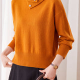 Casual Asymmetrical Collar Turtleneck Knit Sweater with Button Detail - liwisi