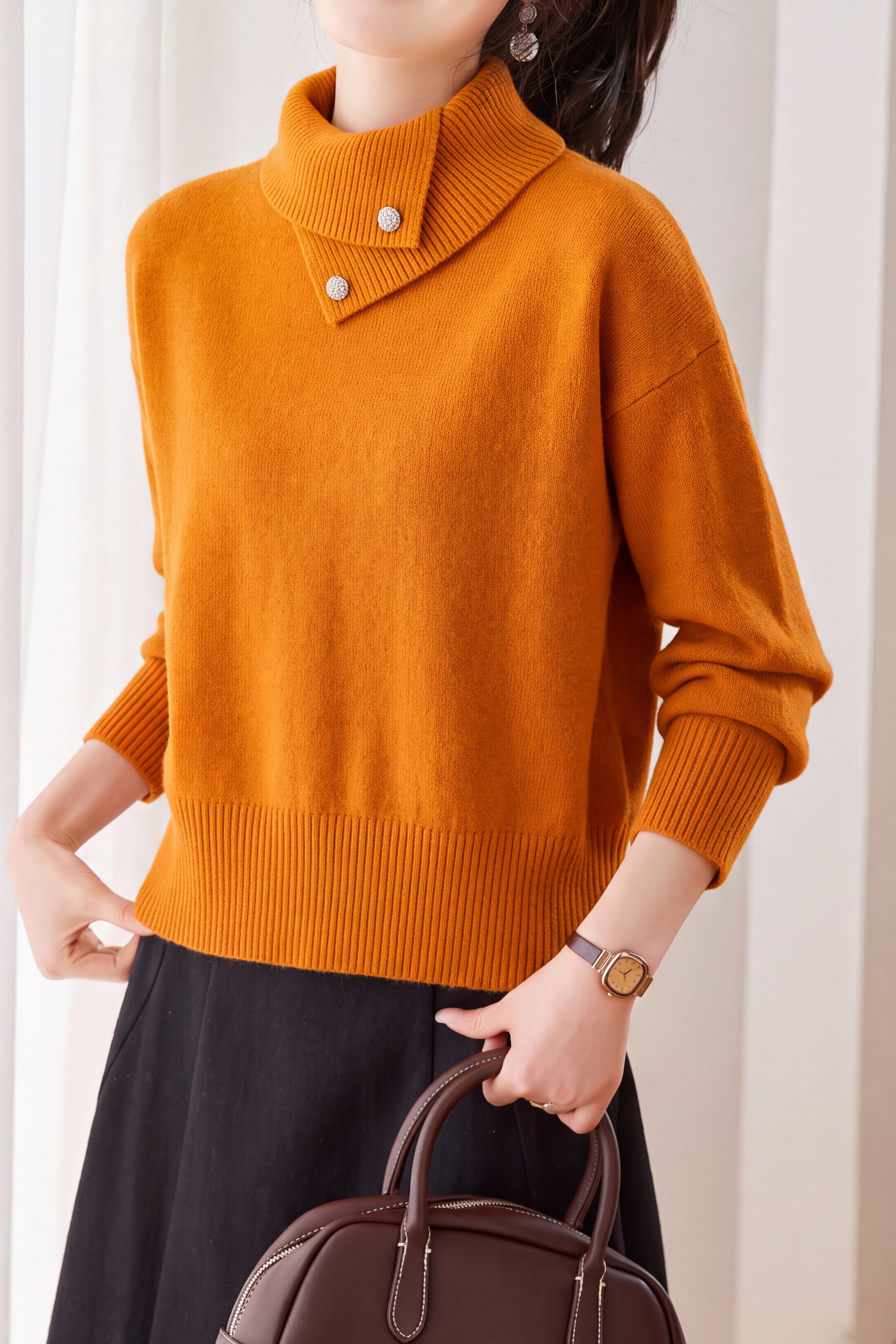 Casual Asymmetrical Collar Turtleneck Knit Sweater with Button Detail - liwisi
