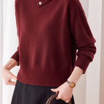 Casual Asymmetrical Collar Turtleneck Knit Sweater with Button Detail - liwisi
