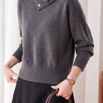 Casual Asymmetrical Collar Turtleneck Knit Sweater with Button Detail - liwisi