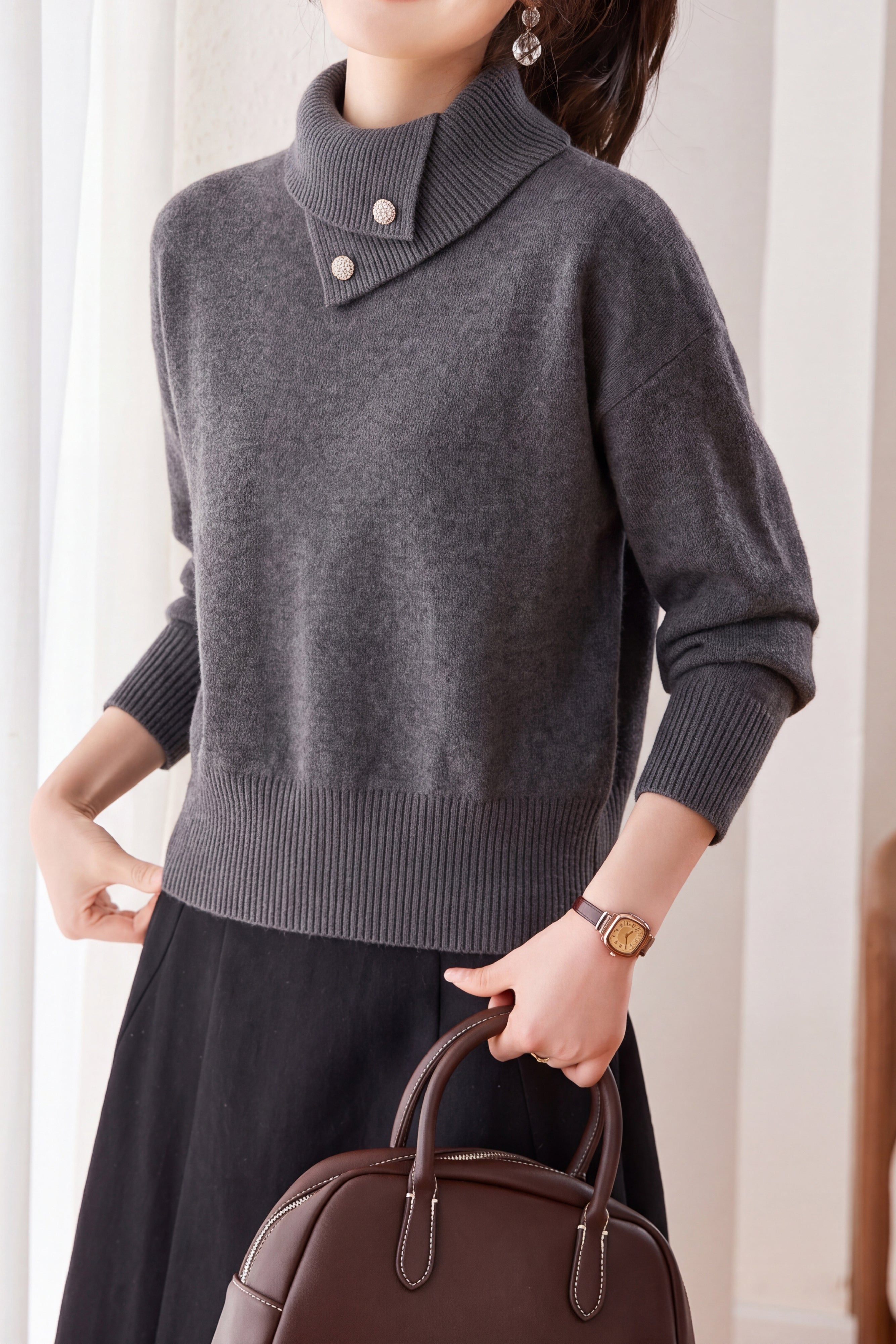 Casual Asymmetrical Collar Turtleneck Knit Sweater with Button Detail - liwisi
