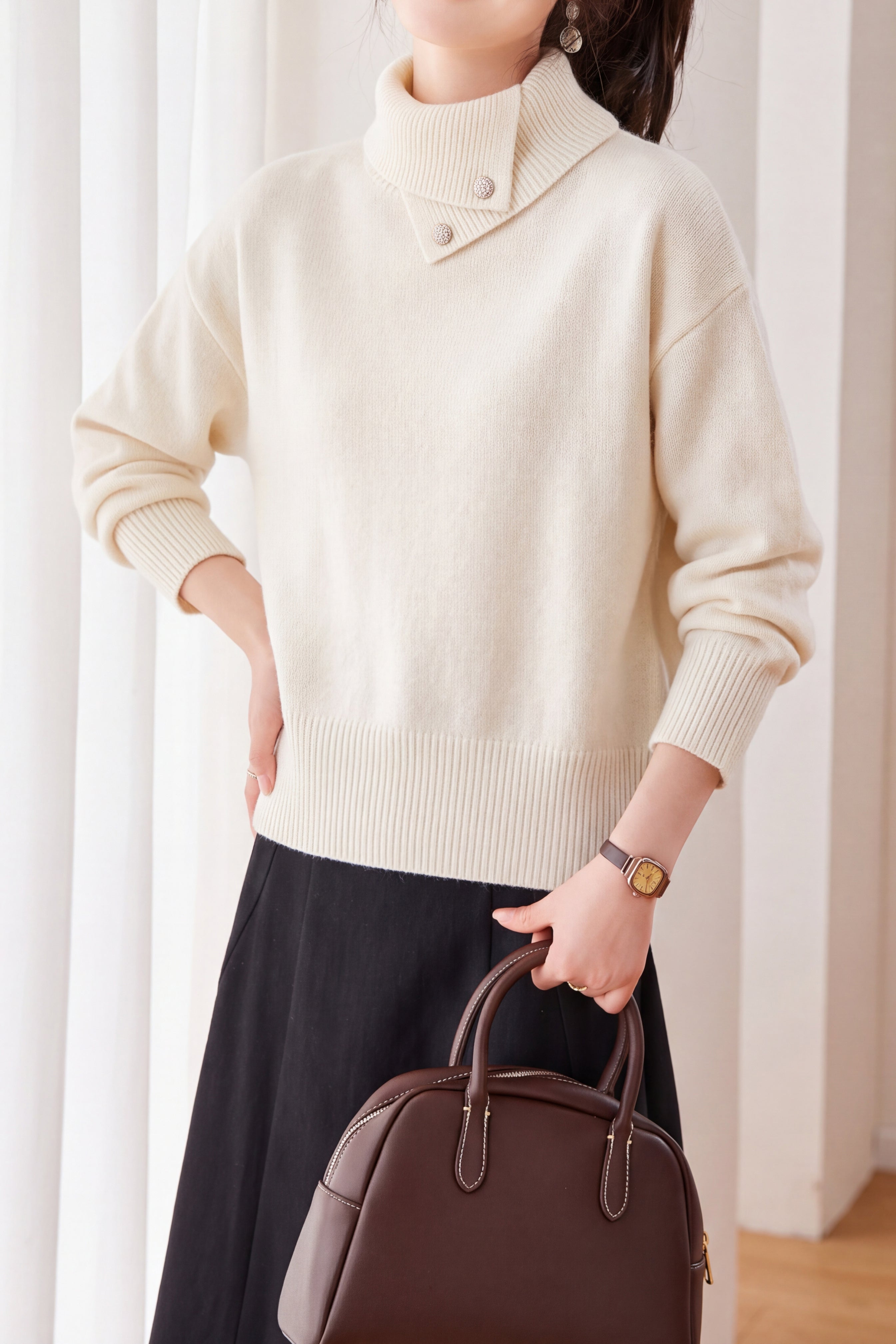Casual Asymmetrical Collar Turtleneck Knit Sweater with Button Detail - liwisi