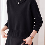 Casual Asymmetrical Collar Turtleneck Knit Sweater with Button Detail - liwisi