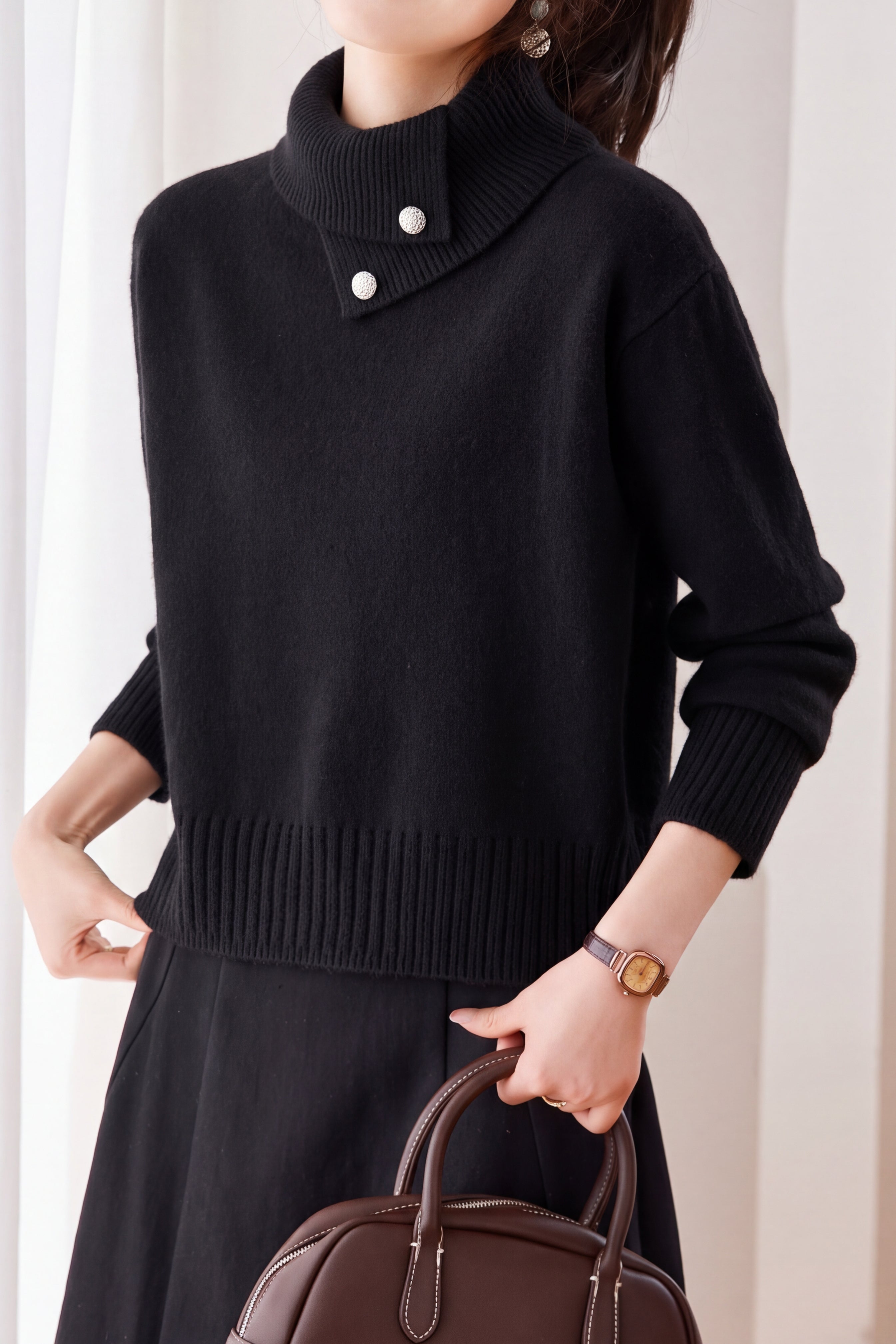 Casual Asymmetrical Collar Turtleneck Knit Sweater with Button Detail - liwisi