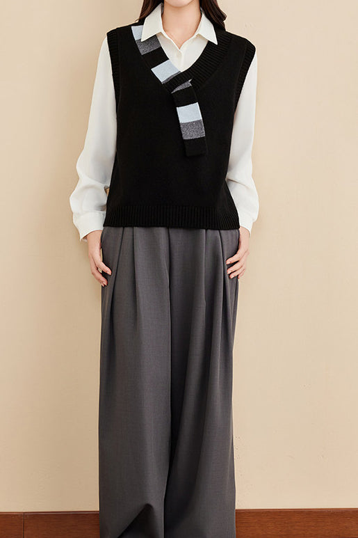 Casual Colorblock V-Neck Knit Vest with Tie Neck Detail - liwisi
