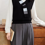 Casual Colorblock V-Neck Knit Vest with Tie Neck Detail - liwisi