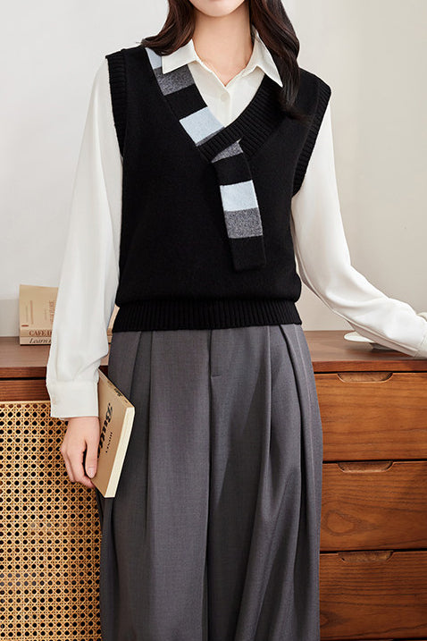 Casual Colorblock V-Neck Knit Vest with Tie Neck Detail - liwisi