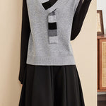 Casual Colorblock V-Neck Knit Vest with Tie Neck Detail - liwisi