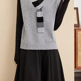 Casual Colorblock V-Neck Knit Vest with Tie Neck Detail - liwisi