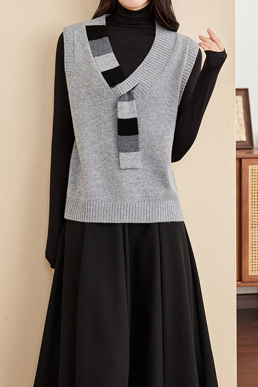 Casual Colorblock V-Neck Knit Vest with Tie Neck Detail - liwisi