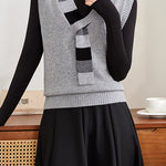 Casual Colorblock V-Neck Knit Vest with Tie Neck Detail - liwisi