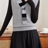 Casual Colorblock V-Neck Knit Vest with Tie Neck Detail - liwisi
