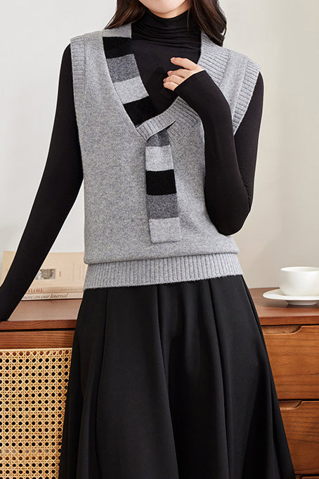 Casual Colorblock V-Neck Knit Vest with Tie Neck Detail - liwisi