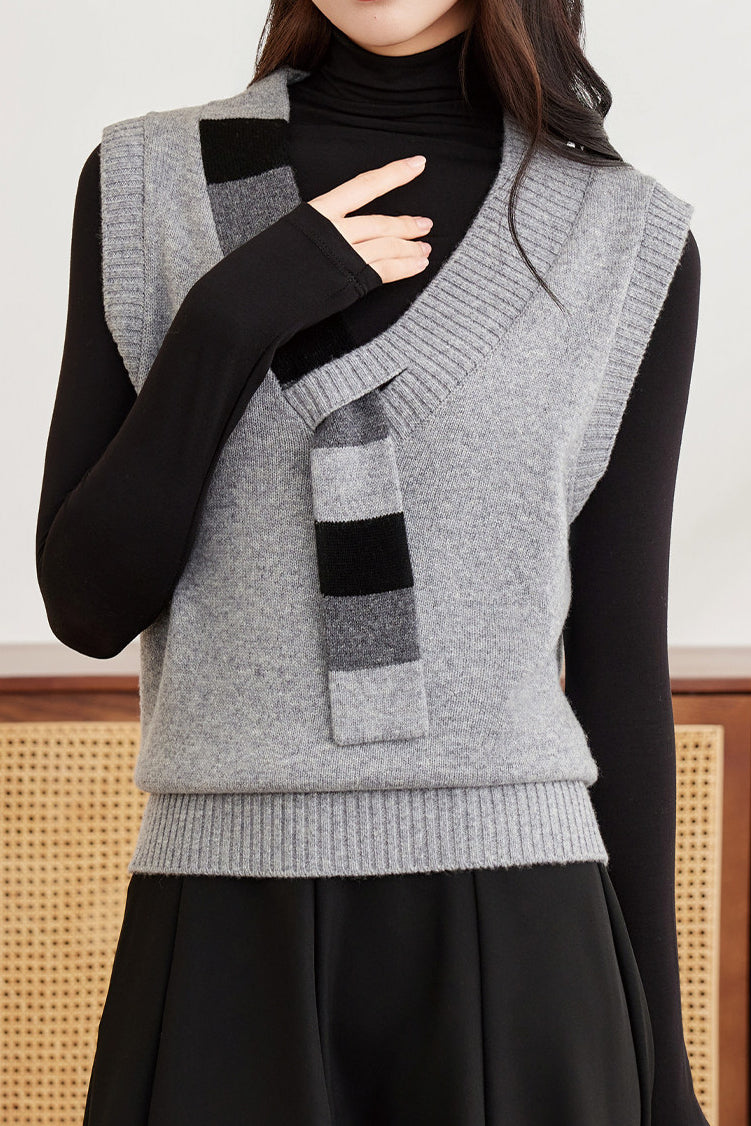 Casual Colorblock V-Neck Knit Vest with Tie Neck Detail - liwisi