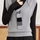 Casual Colorblock V-Neck Knit Vest with Tie Neck Detail - liwisi