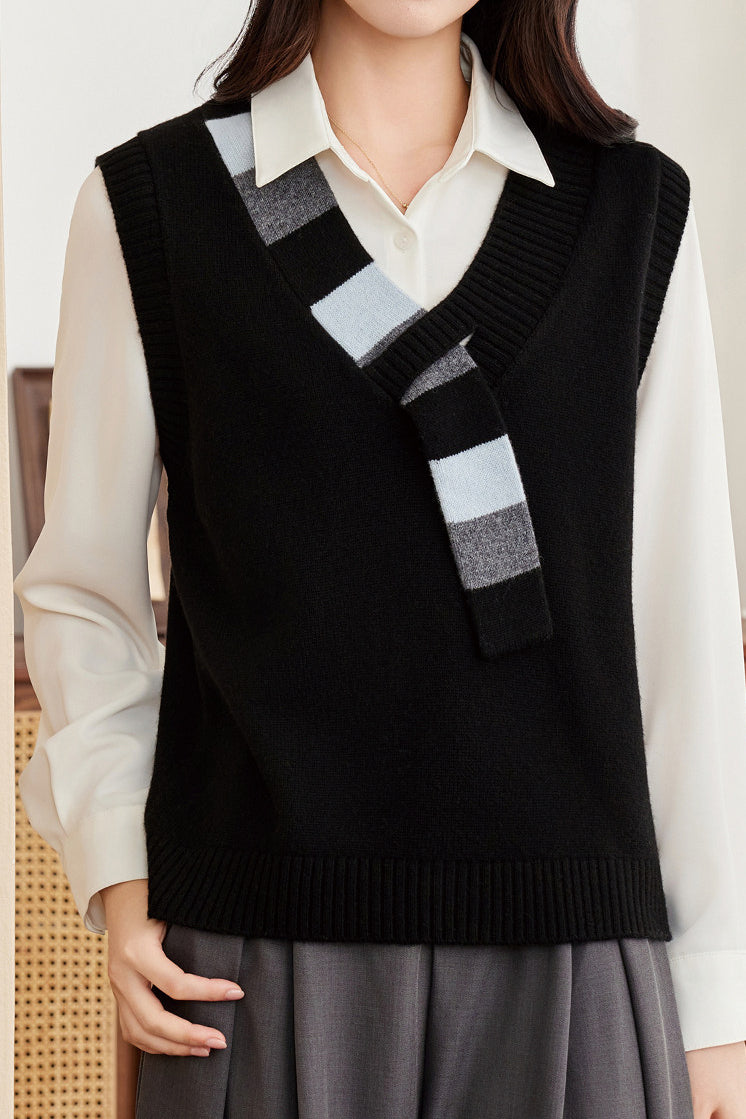 Casual Colorblock V-Neck Knit Vest with Tie Neck Detail - liwisi