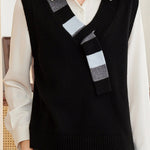 Casual Colorblock V-Neck Knit Vest with Tie Neck Detail - liwisi
