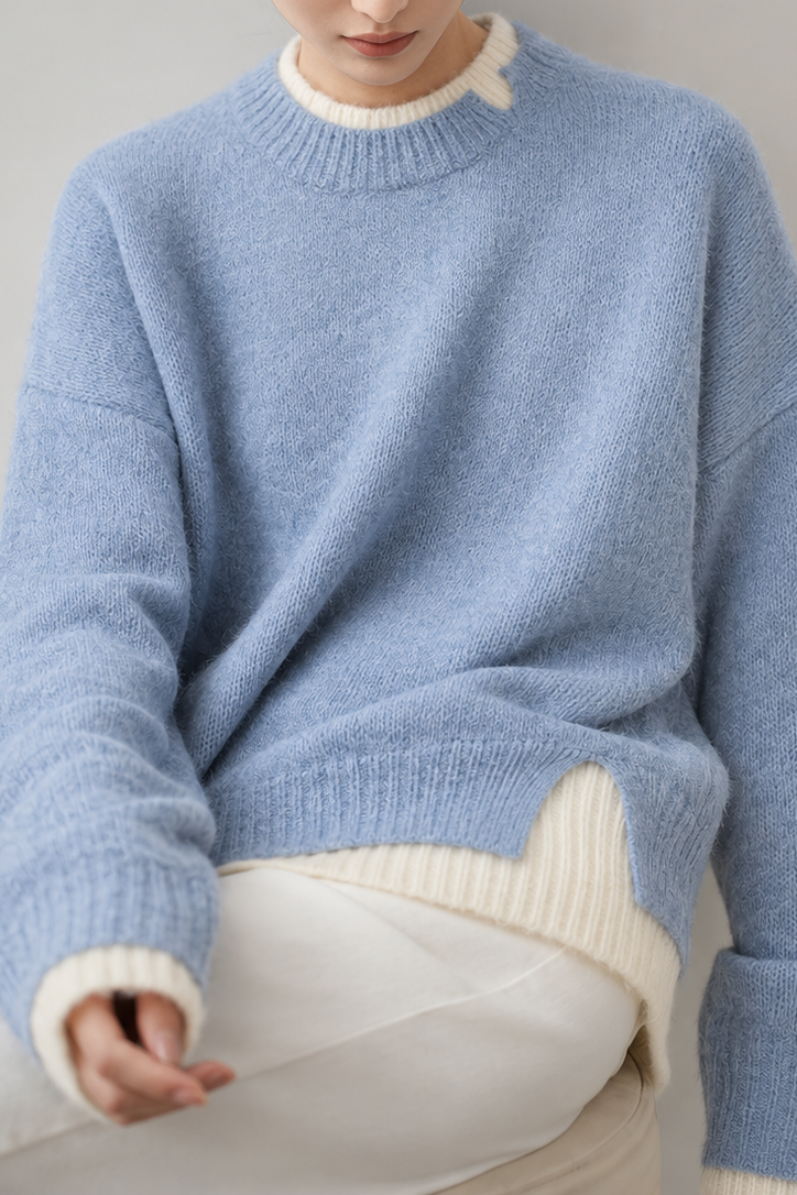 Casual Layered Look Colorblock Crew Neck Knit Sweater with Side Slits - liwisi