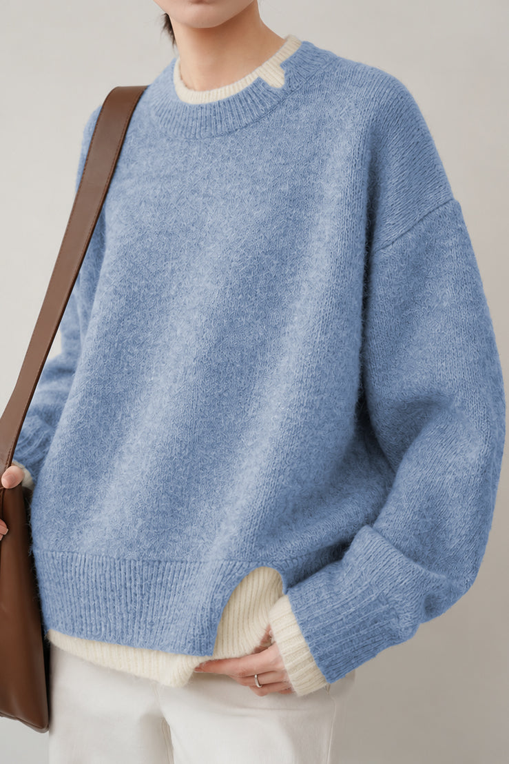 Casual Layered Look Colorblock Crew Neck Knit Sweater with Side Slits - liwisi