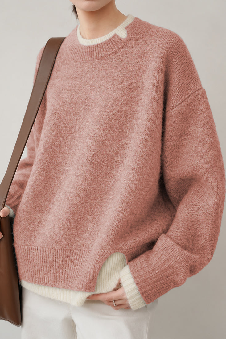 Casual Layered Look Colorblock Crew Neck Knit Sweater with Side Slits - liwisi