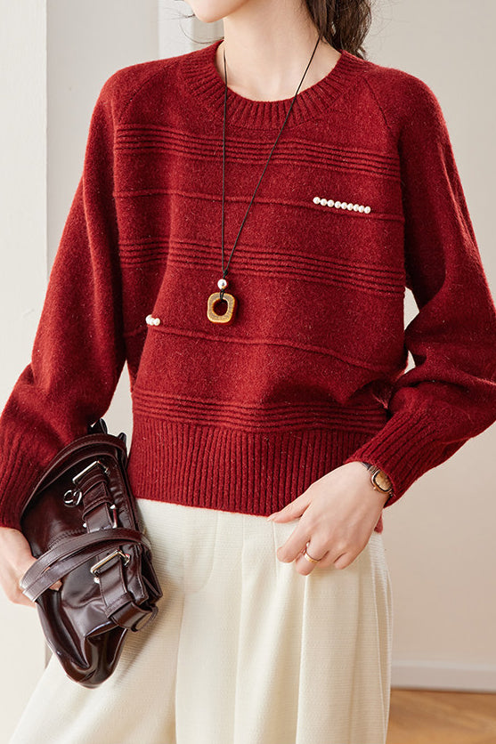 Chic Crew Neck Ribbed Knit Sweater with Pearl Details - liwisi