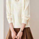 Chic Crew Neck Ribbed Knit Sweater with Pearl Details - liwisi