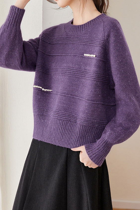 Chic Crew Neck Ribbed Knit Sweater with Pearl Details - liwisi
