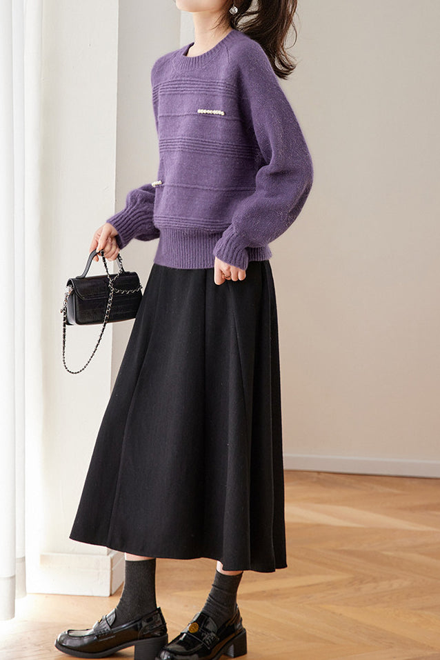 Chic Crew Neck Ribbed Knit Sweater with Pearl Details - liwisi