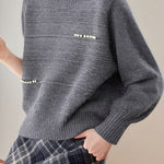 Chic Crew Neck Ribbed Knit Sweater with Pearl Details - liwisi