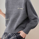 Chic Crew Neck Ribbed Knit Sweater with Pearl Details - liwisi